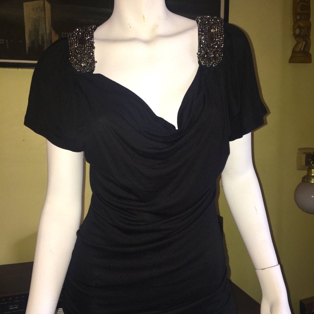 Sexy classy black blouse with beaded deco New